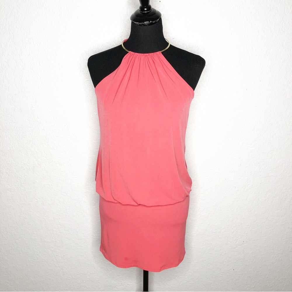 Cache coral melon pink gold chain halter neck drop waist dress size 2